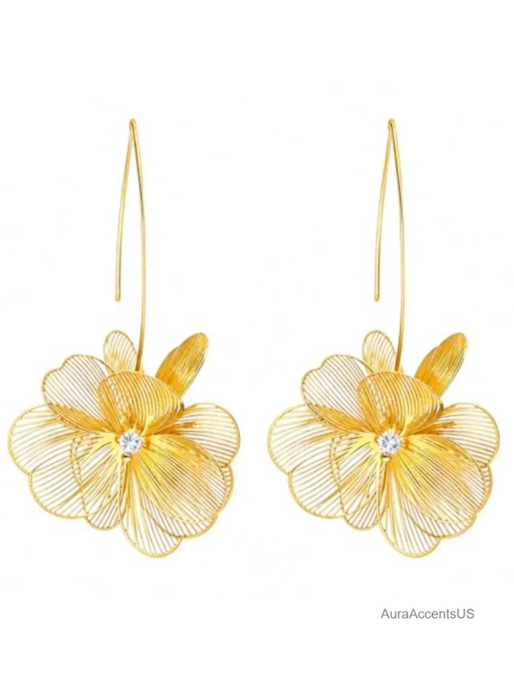 Gold Flower Dangle Earrings Women Floral Statement Jewelry Lightweight